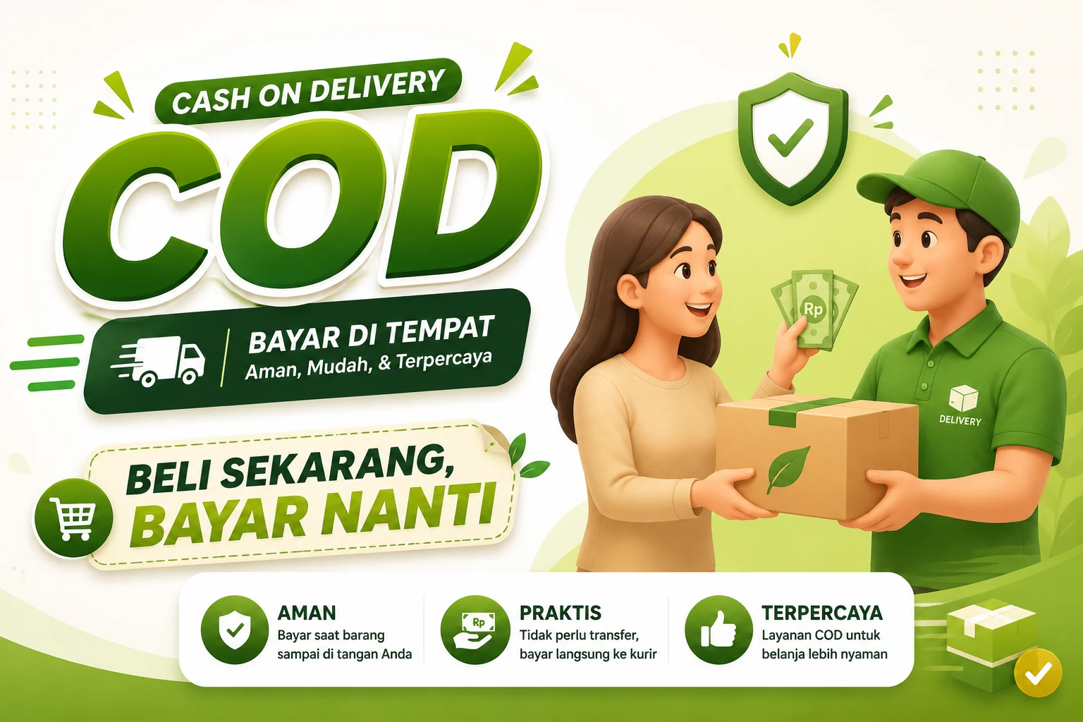 Cash on Delivery (COD) — bayar di tempat. Aman: bayar saat barang sampai di tangan Anda. Praktis: tidak perlu transfer, bayar langsung ke kurir. Terpercaya: layanan COD untuk belanja lebih nyaman.